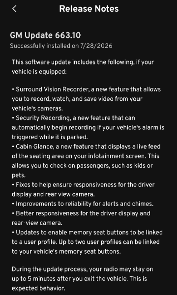 GM Update 663.10 release notes showing Surround Vision Recorder, Security Recording, and Cabin Glance